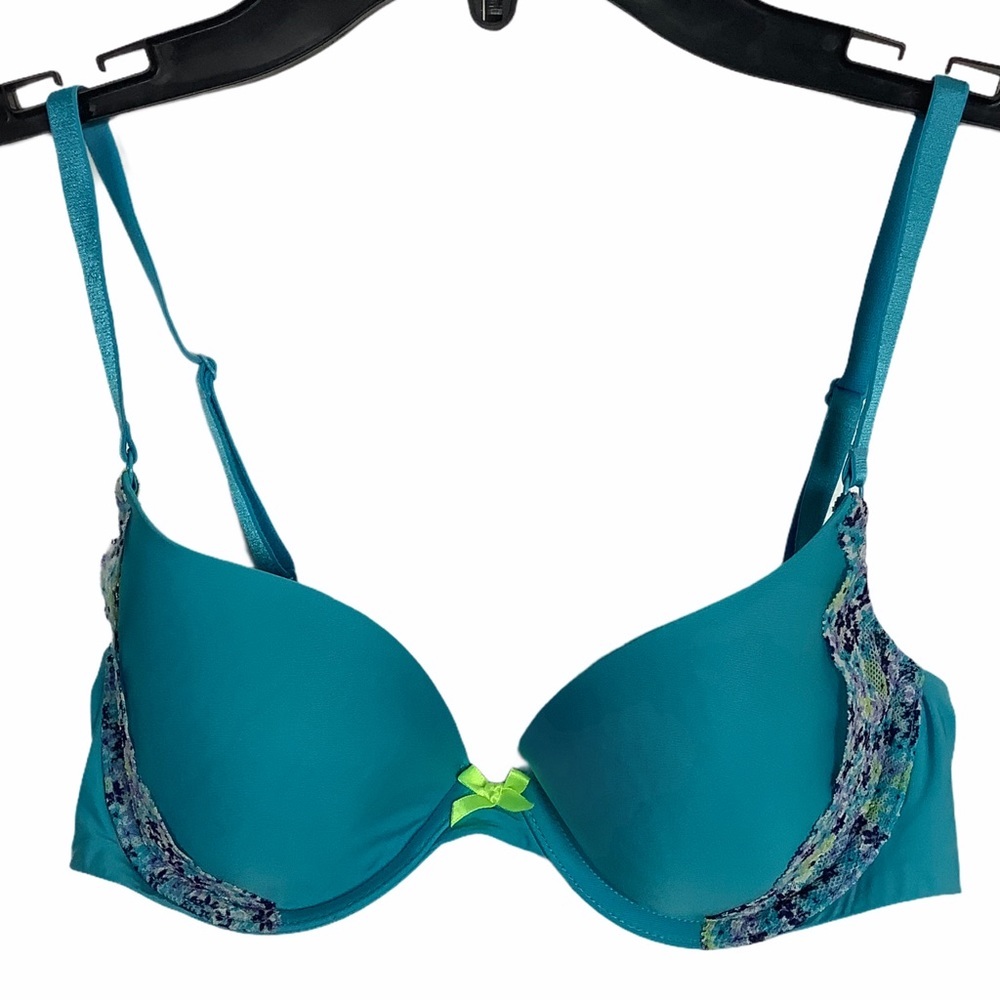 Victoria's Secret Demi‎ Bra 32C Blue Green Floral Lace Lightly Padded Underwire